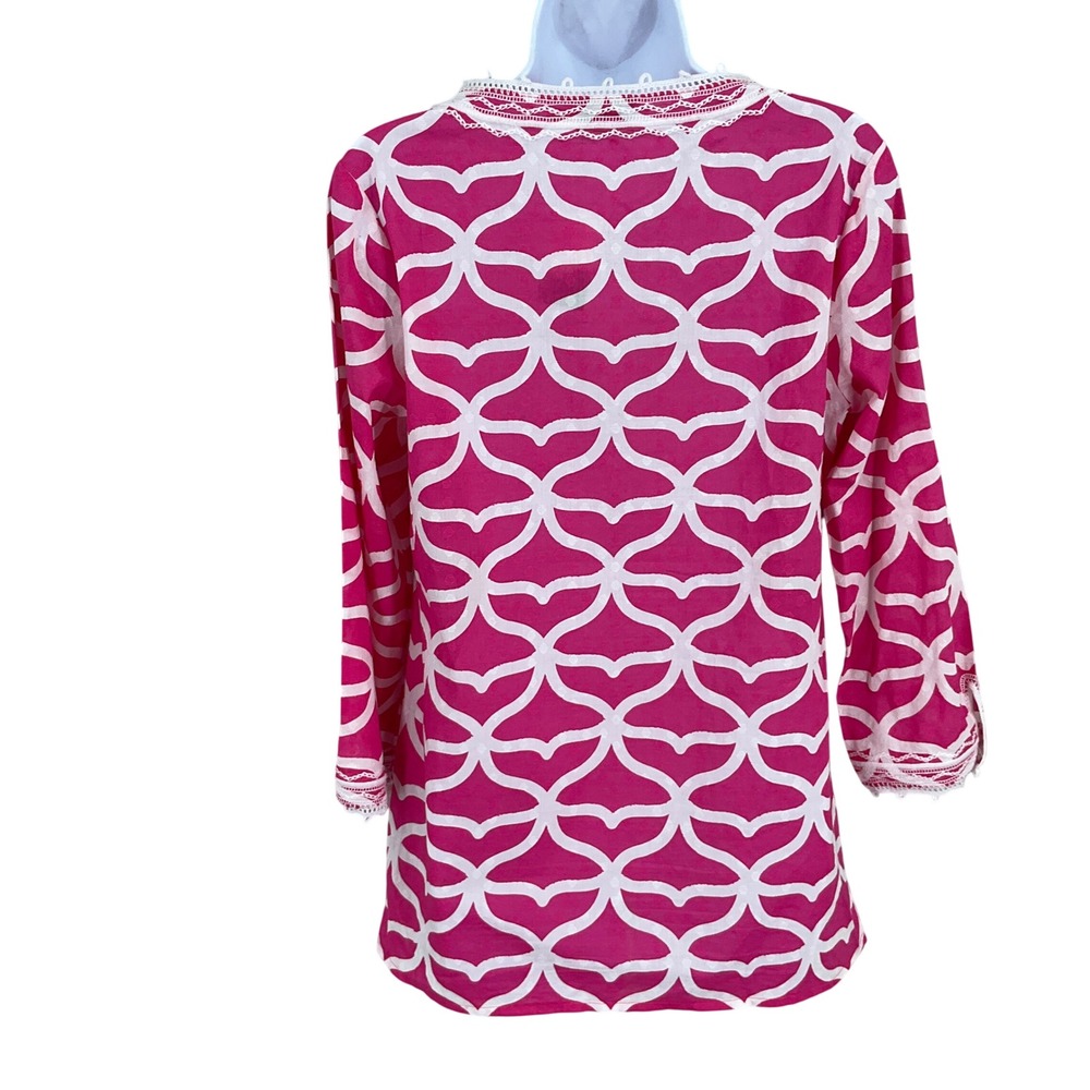Vineyard Vines Tunic Top Women XS Pink Cotton Geometric Lace Trim Coastal Preppy - Picture 2 of 10